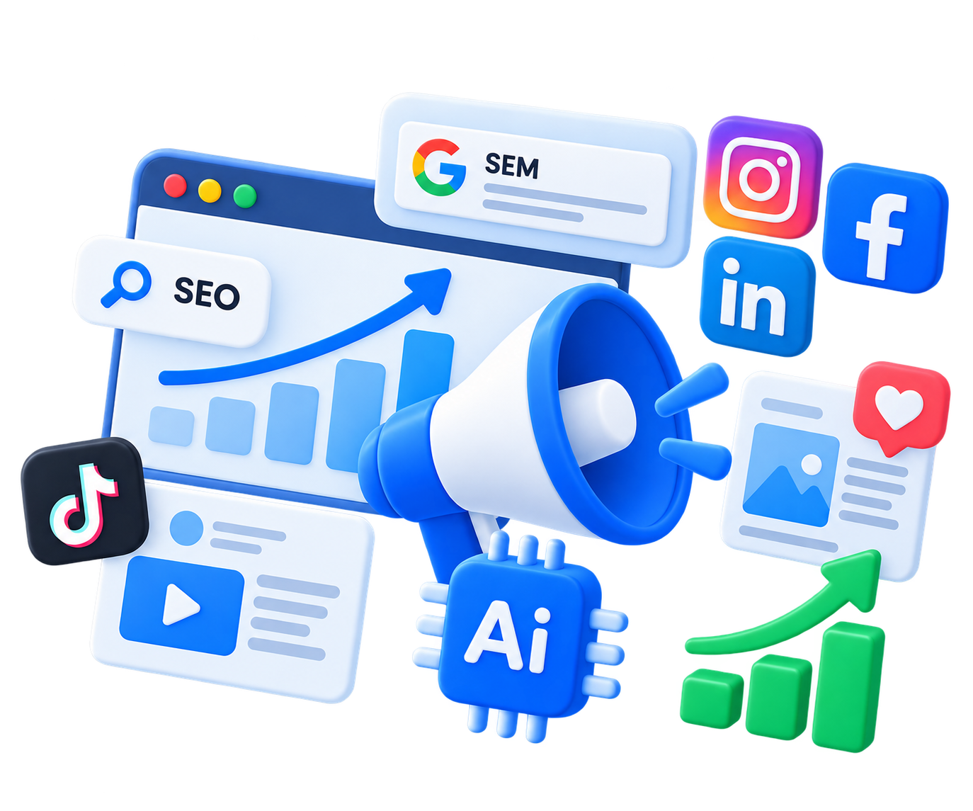 SEO, SEM and social produced at a volume a small team could never hit by hand.